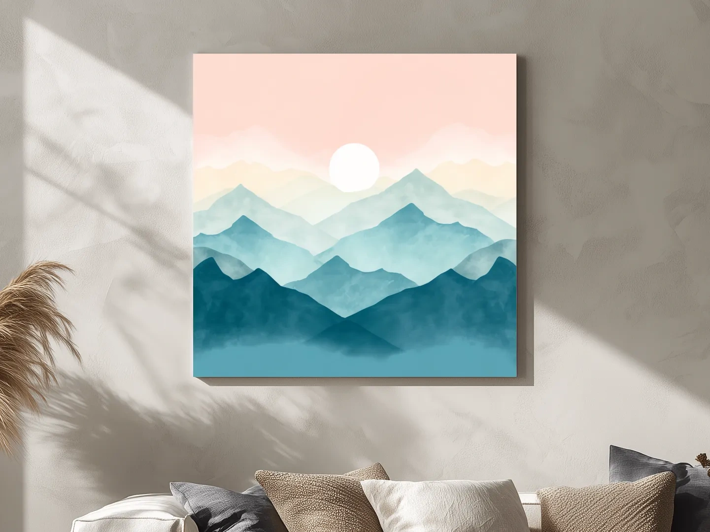Minimalist Watercolor Misty Mountain Sunrise - Pastel Alpine Landscape Wall Art