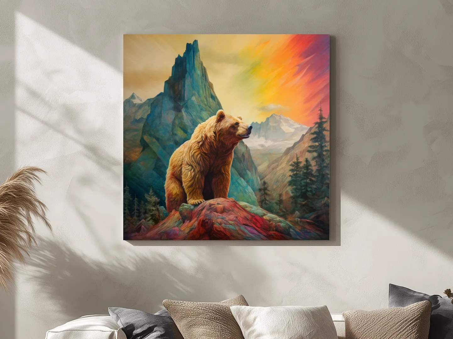 Majestic Grizzly Bear Mountain Landscape - Vibrant Painting Style Wildlife Wall Art