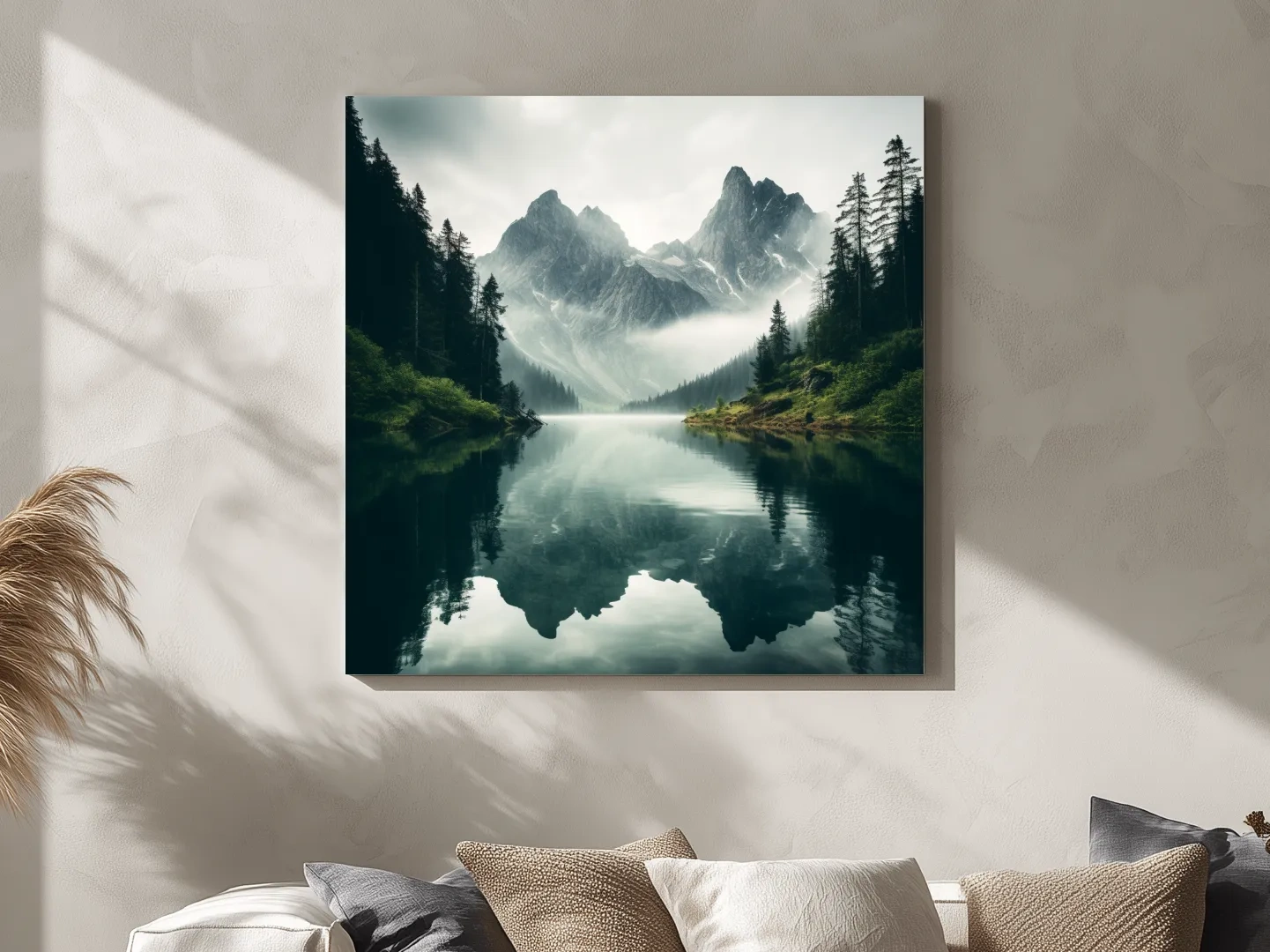 Misty Alpine Mountain Lake Reflection - Moody Pine Forest Photographic Wall Art