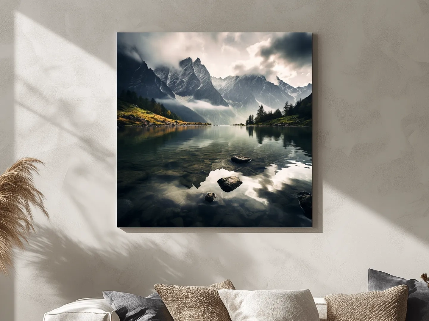 Photographic art, dramatic clouds over an alpine lake