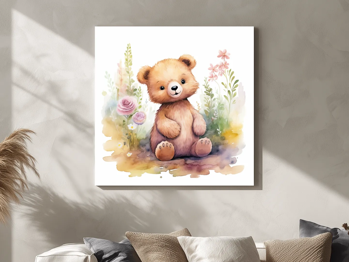 Cute Watercolor Teddy Bear With Pastel Flowers - Nursery Animal Wall Art