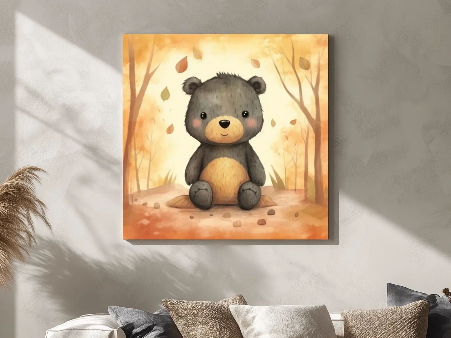 Cute Watercolor Teddy Bear Forest Illustration - Whimsical Nursery Wall Art