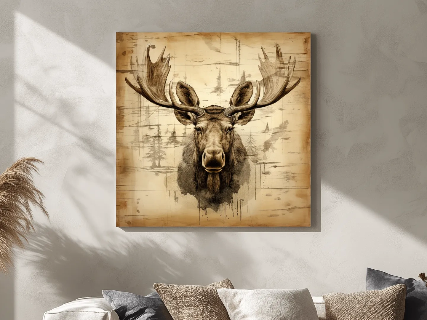 Rustic Sepia Moose Portrait Sketch - Vintage Lodge Wildlife Wall Art