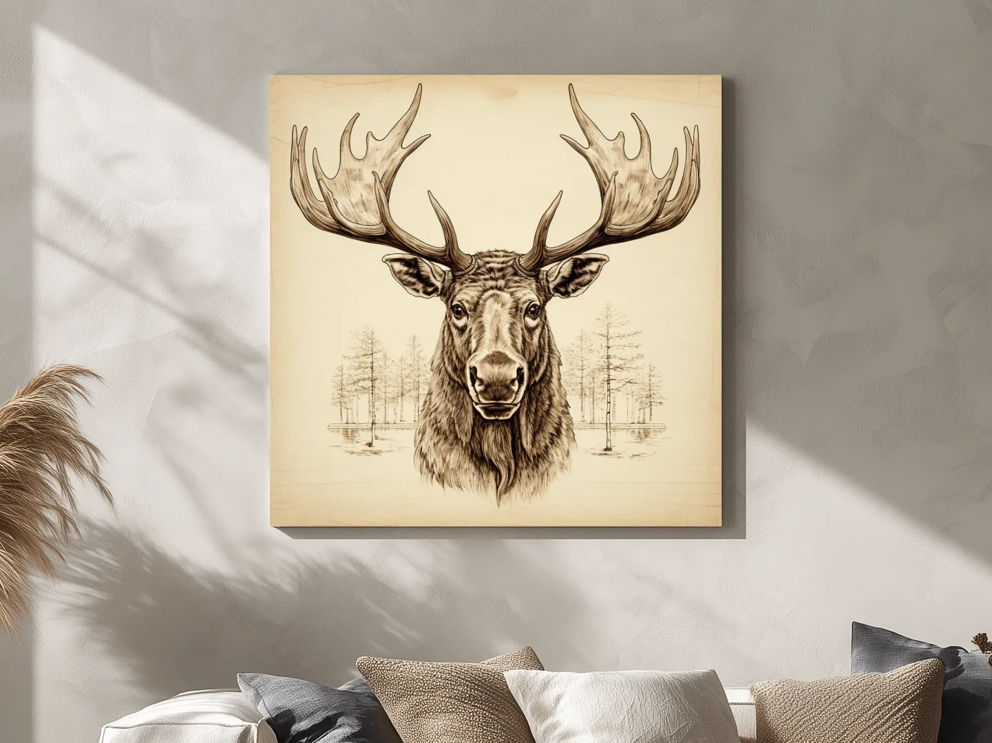 Rustic Sepia Moose Head Sketch - Vintage Woodland Wildlife Wall Art