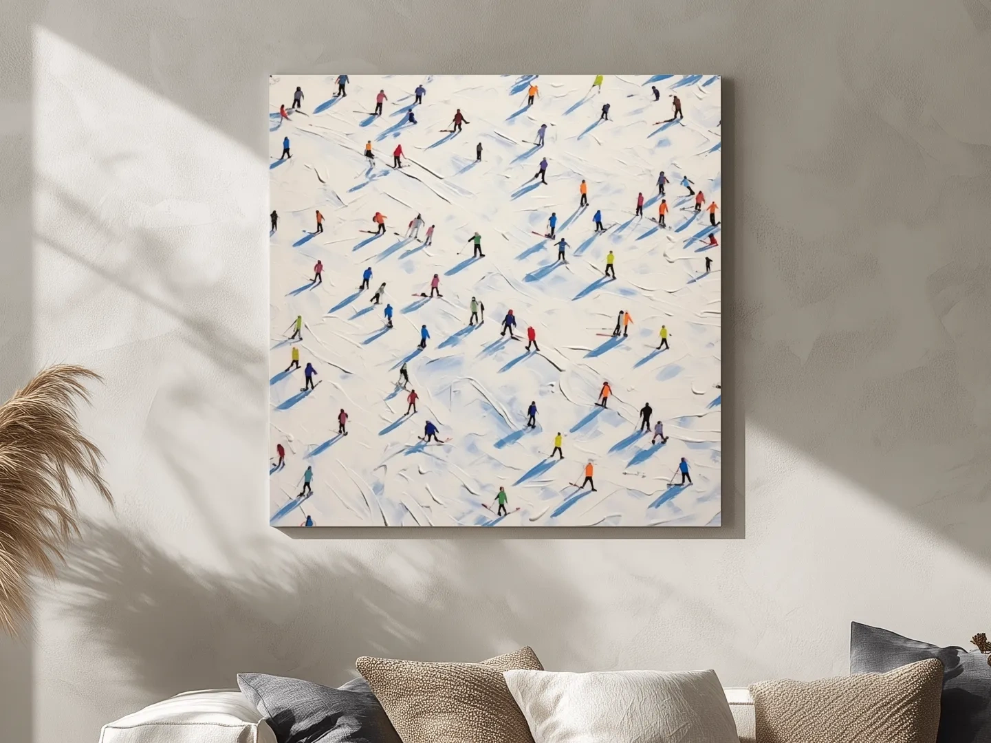 Tiny Skiers On Snowy Slopes - Modern Winter Sports Painting Wall Art