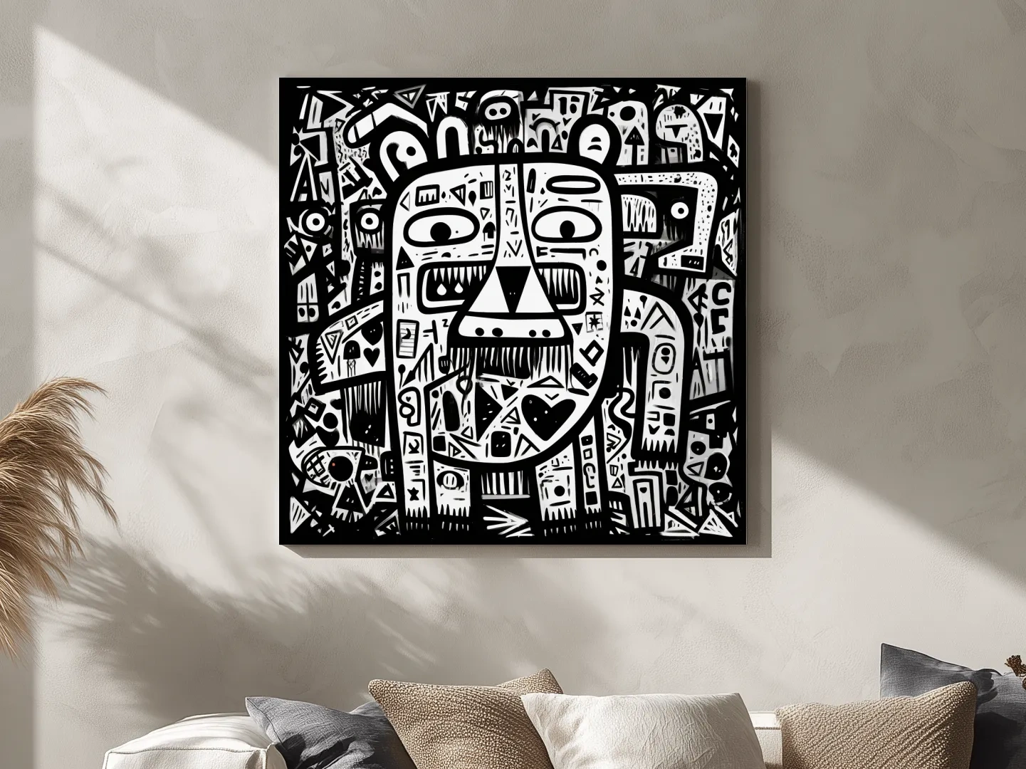 Abstract Black And White Graffiti Bear Doodle Art - Bold Geometric Animal Wall Art