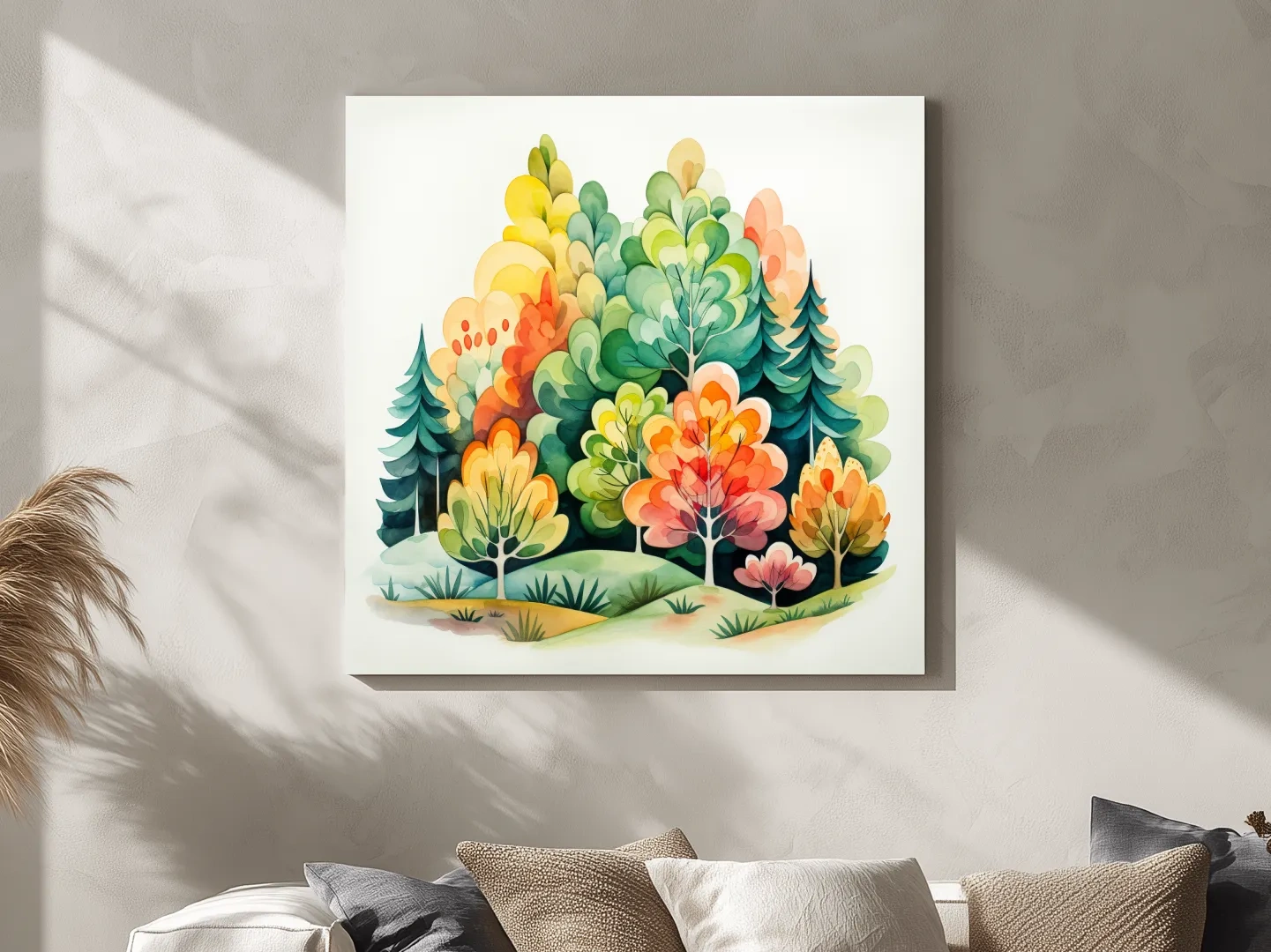 Whimsical Watercolor Forest Trees Illustration - Colorful Botanical Wall Art