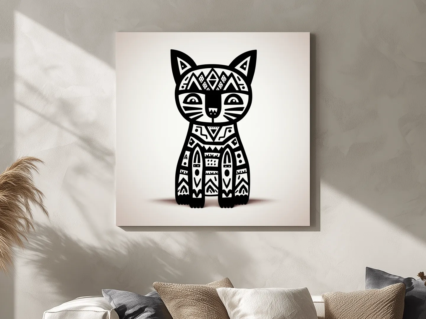 Tribal Geometric Cat Illustration - Black And White Quirky Animal Wall Art