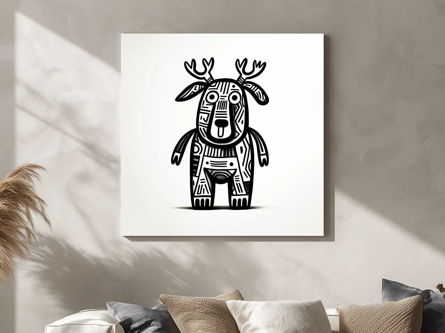 Whimsical Tribal Deer Illustration - Quirky Black And White Animal Wall Art