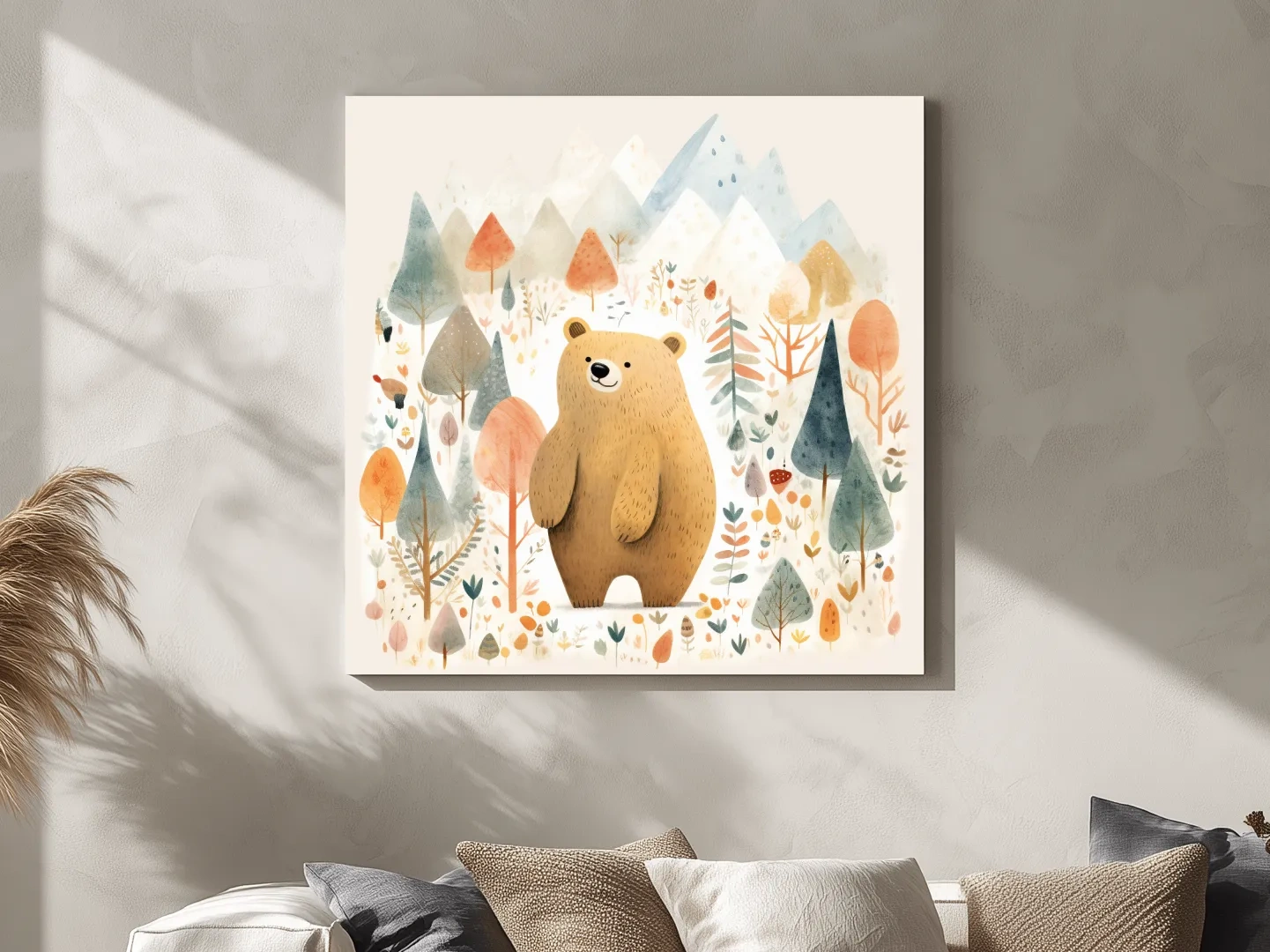 Cute Watercolor Bear In Mountain Forest - Whimsical Nursery Wall Art