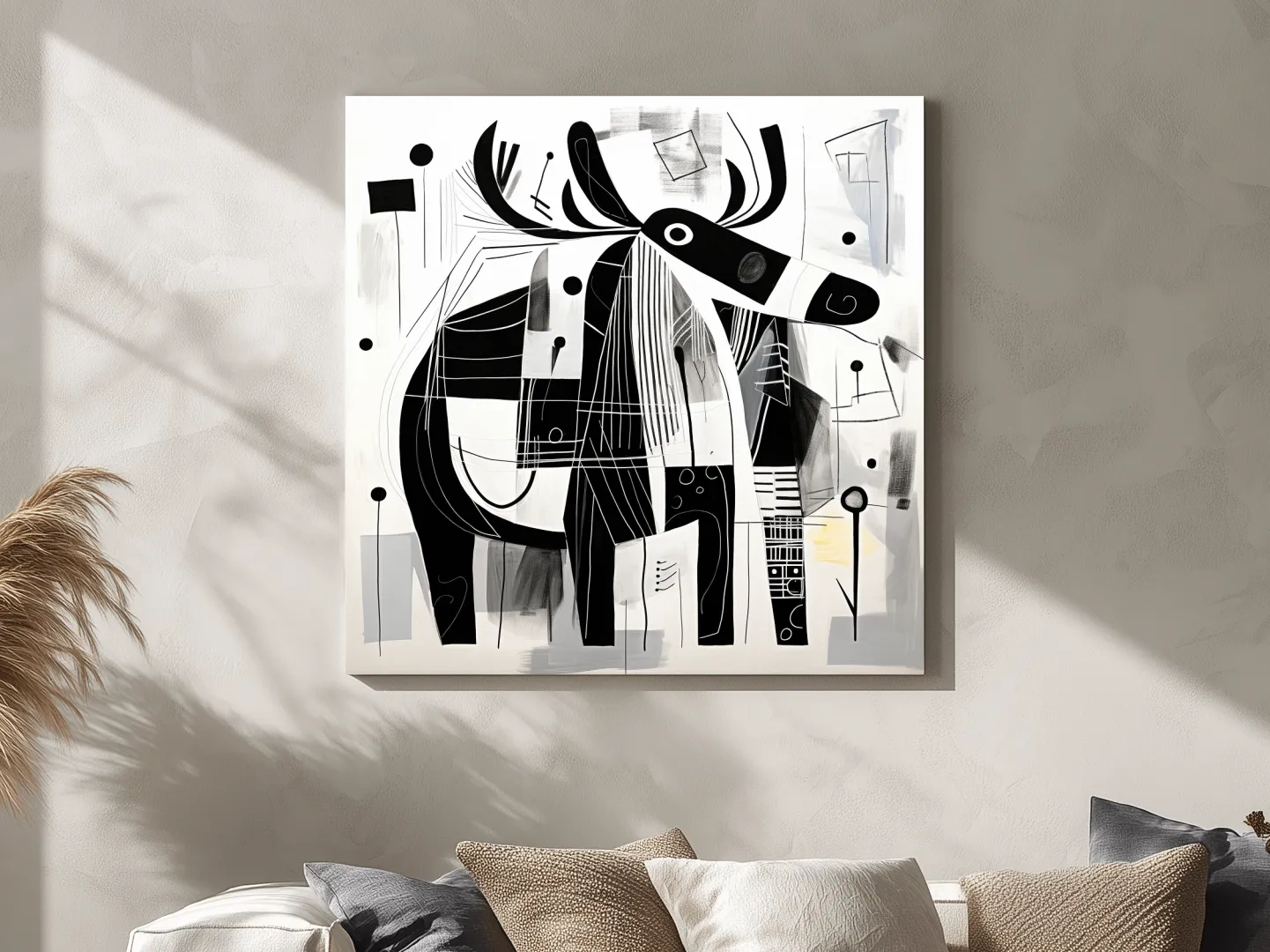 Abstract Monochrome Moose Illustration - Modern Geometric Wildlife Wall Art