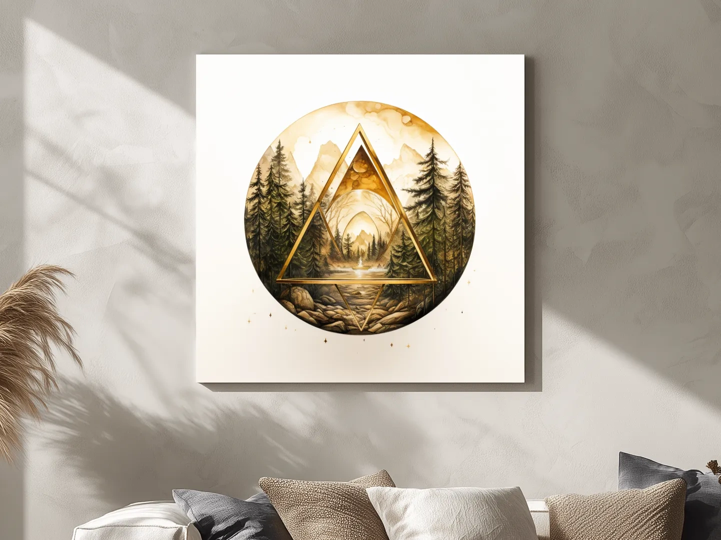 Rustic Mountain Forest Watercolor - Gold Sepia Landscape Wall Art