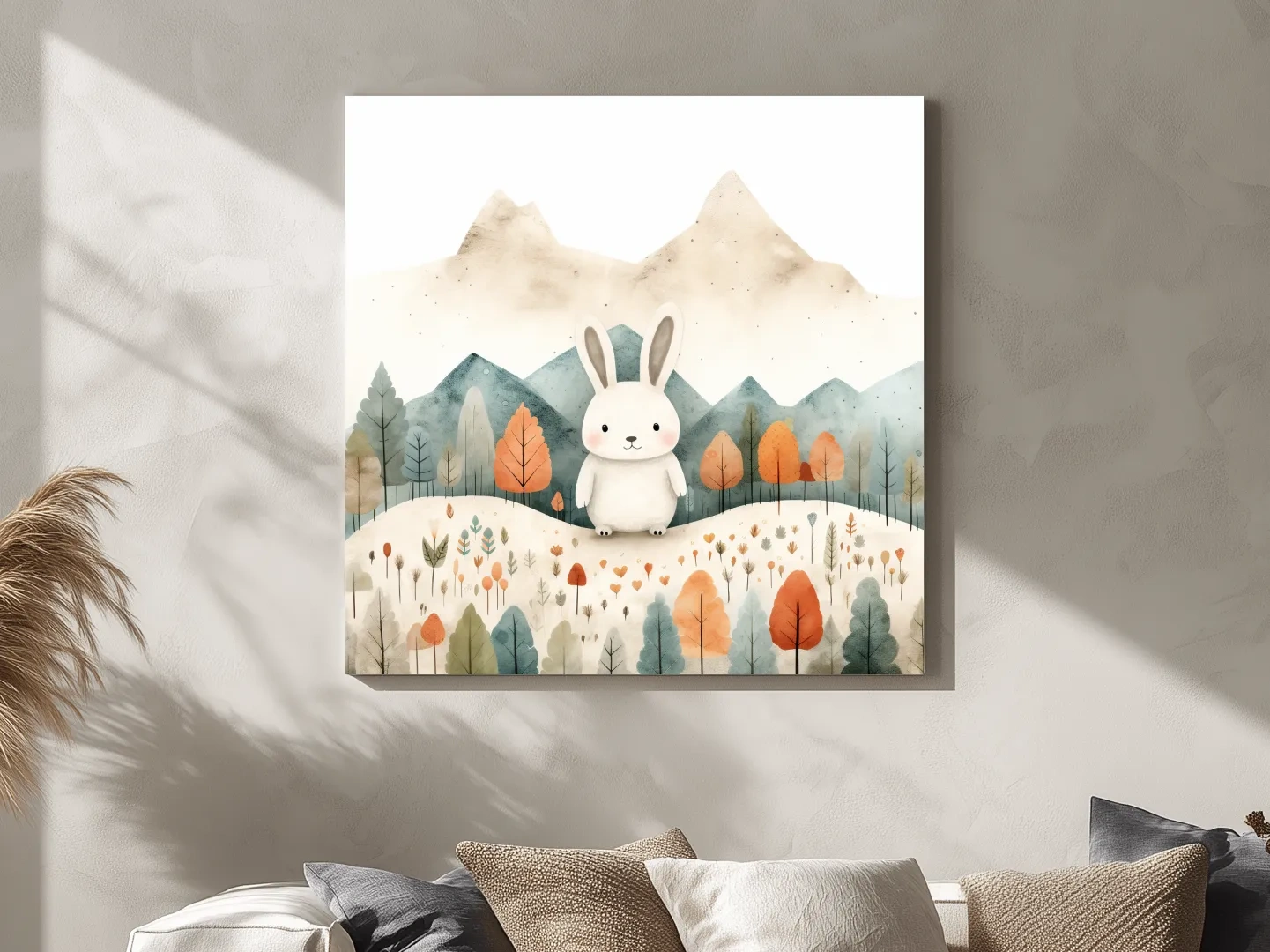 Cute Watercolor Bunny In Mountain Forest - Whimsical Nursery Woodland Wall Art