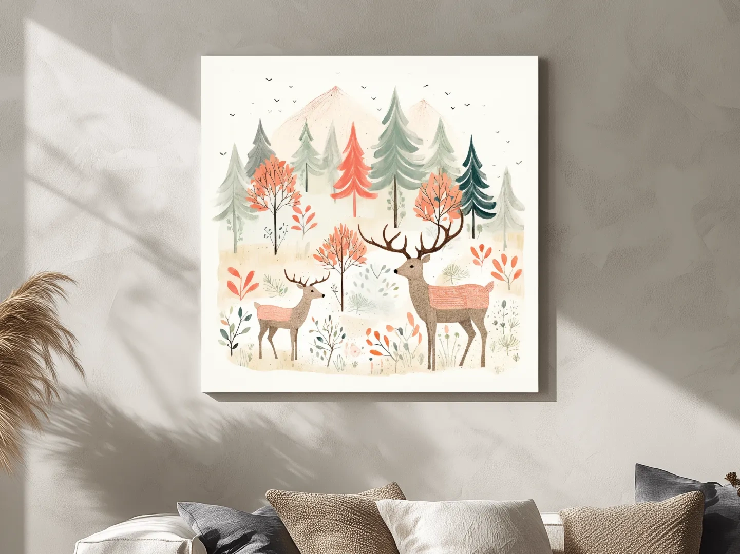 Whimsical Watercolor Deer Forest Storybook Scene - Scandinavian Woodland Nursery Wall Art