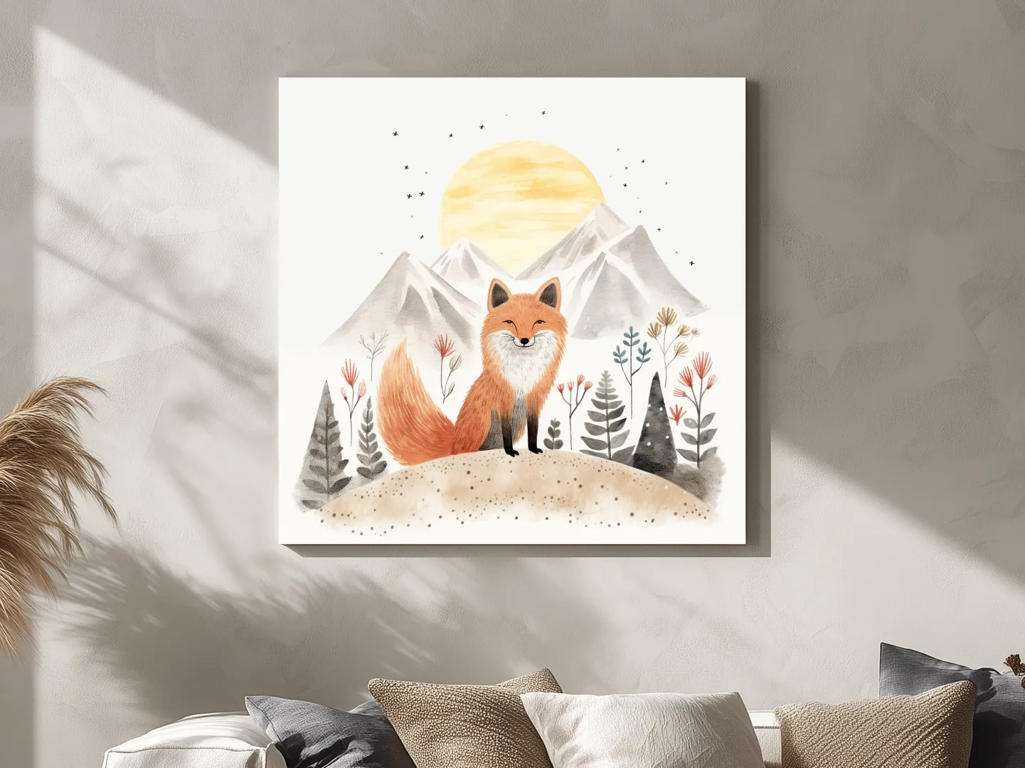 Whimsical Watercolor Fox Mountain Sunrise - Nursery Woodland Animal Wall Art