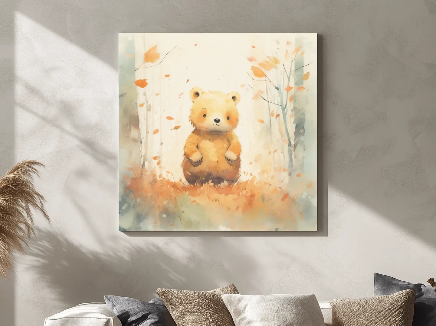 Cute Watercolor Bear Cub In Autumn Forest - Whimsical Nursery Animal Wall Art