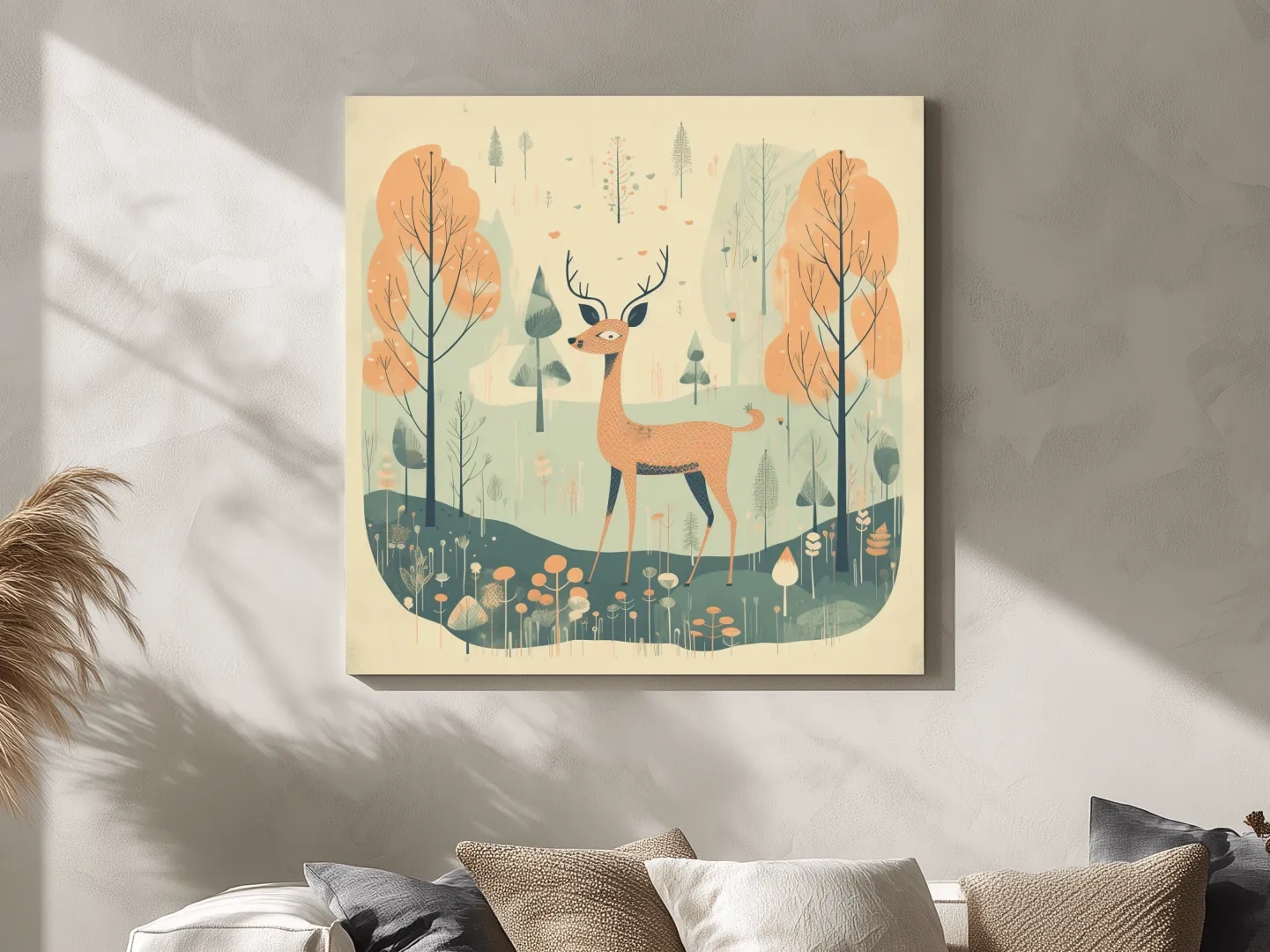 Whimsical Deer in Pastel Forest Illustration - Folk Art Woodland Nursery Wall Art