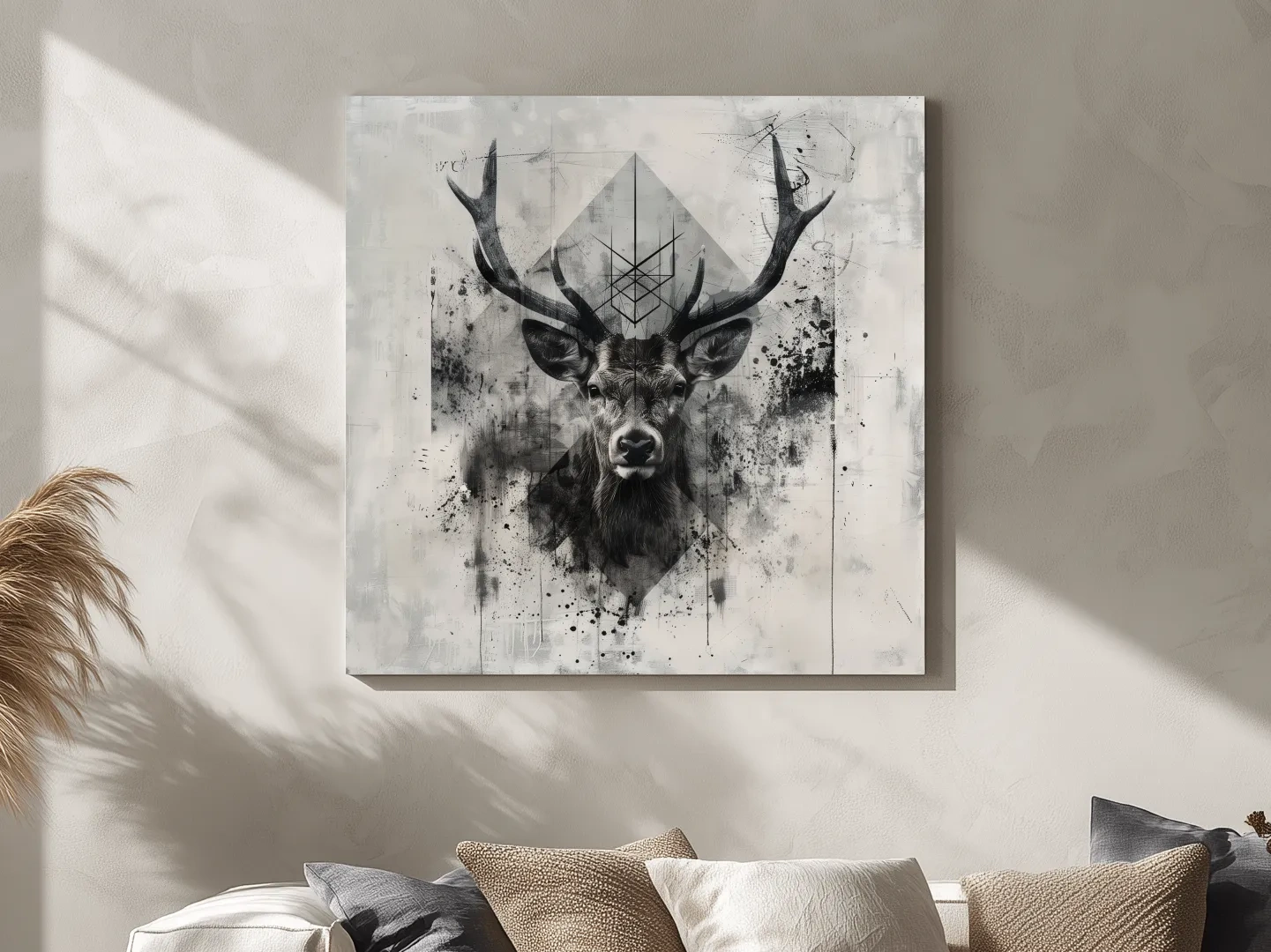 Tribal Monochrome Deer Stag Portrait - Tattoo Style Wildlife Wall Art
