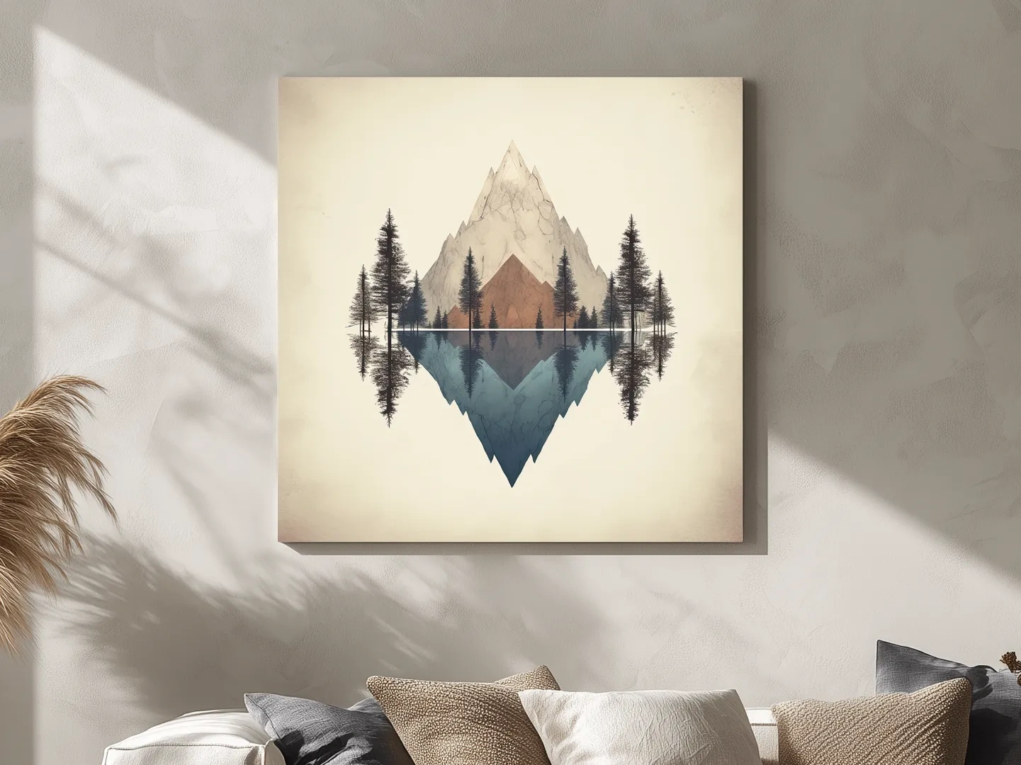 Minimalist Geometric Mountain Lake Reflection - Pine Forest Landscape Wall Art