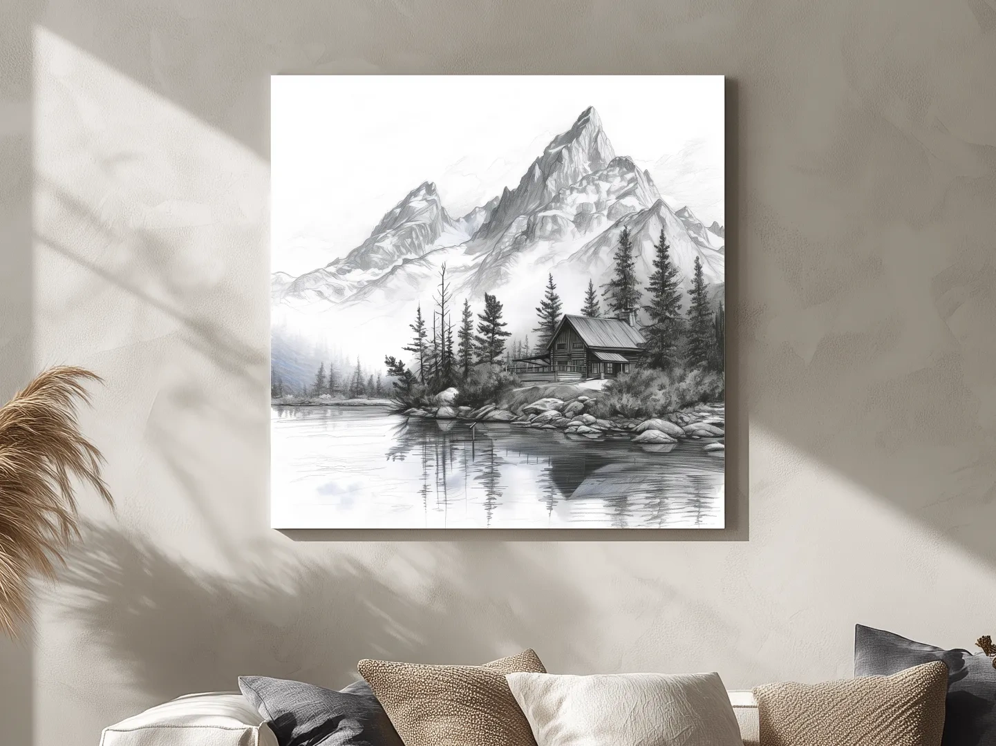 Monochrome Mountain Lake Cabin Sketch - Rustic Alpine Glacier Wall Art