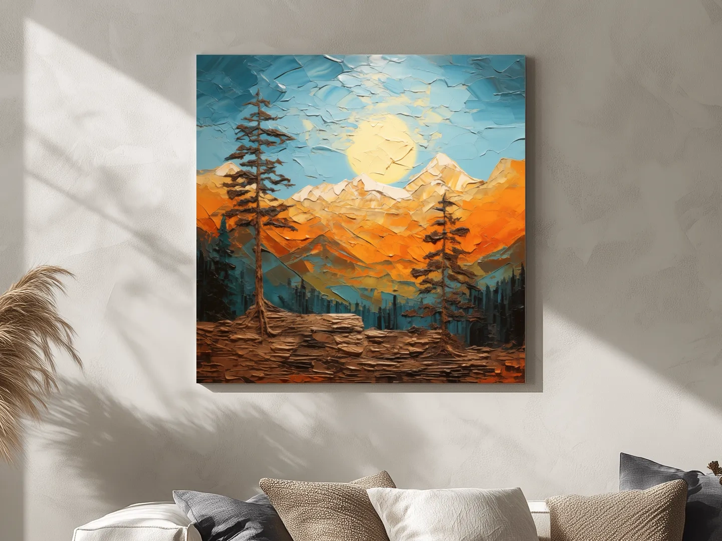 Impasto Style Mountain Sunrise Landscape - Bold Alpine Wall Art