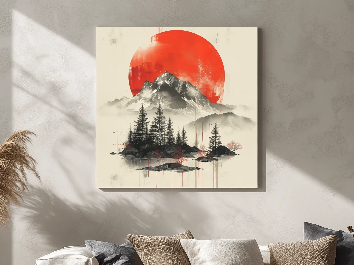 Japandi style minimalist artwork, sunset over a mountain glacier