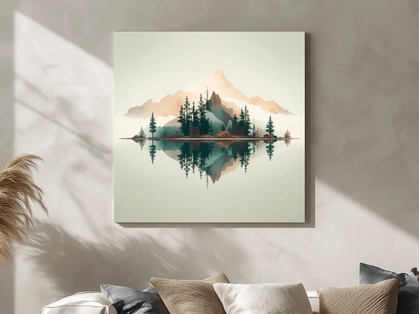 Minimalist Watercolor Mountain Lake Reflection - Serene Pine Forest Landscape Wall Art