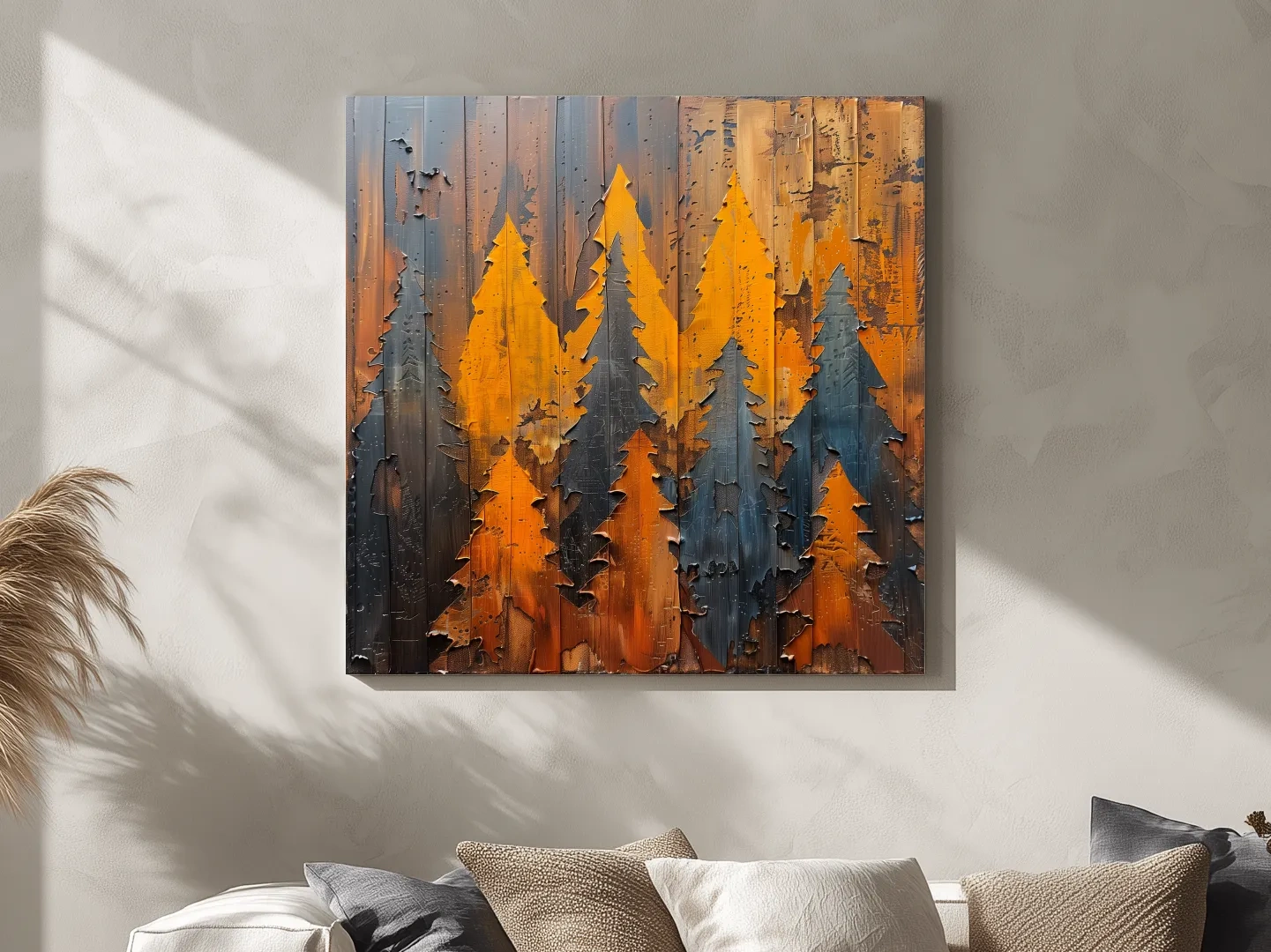 Textured Autumn Pine Forest Silhouettes - Rustic Painted Wood Wall Art