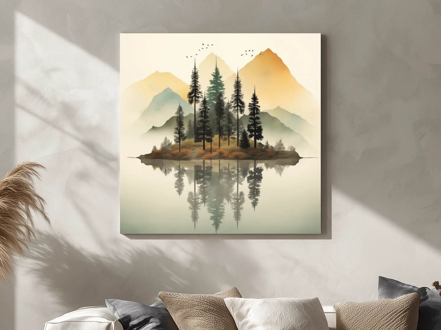 Misty Pine Forest Island Reflection - Minimalist Mountain Lake Wall Art