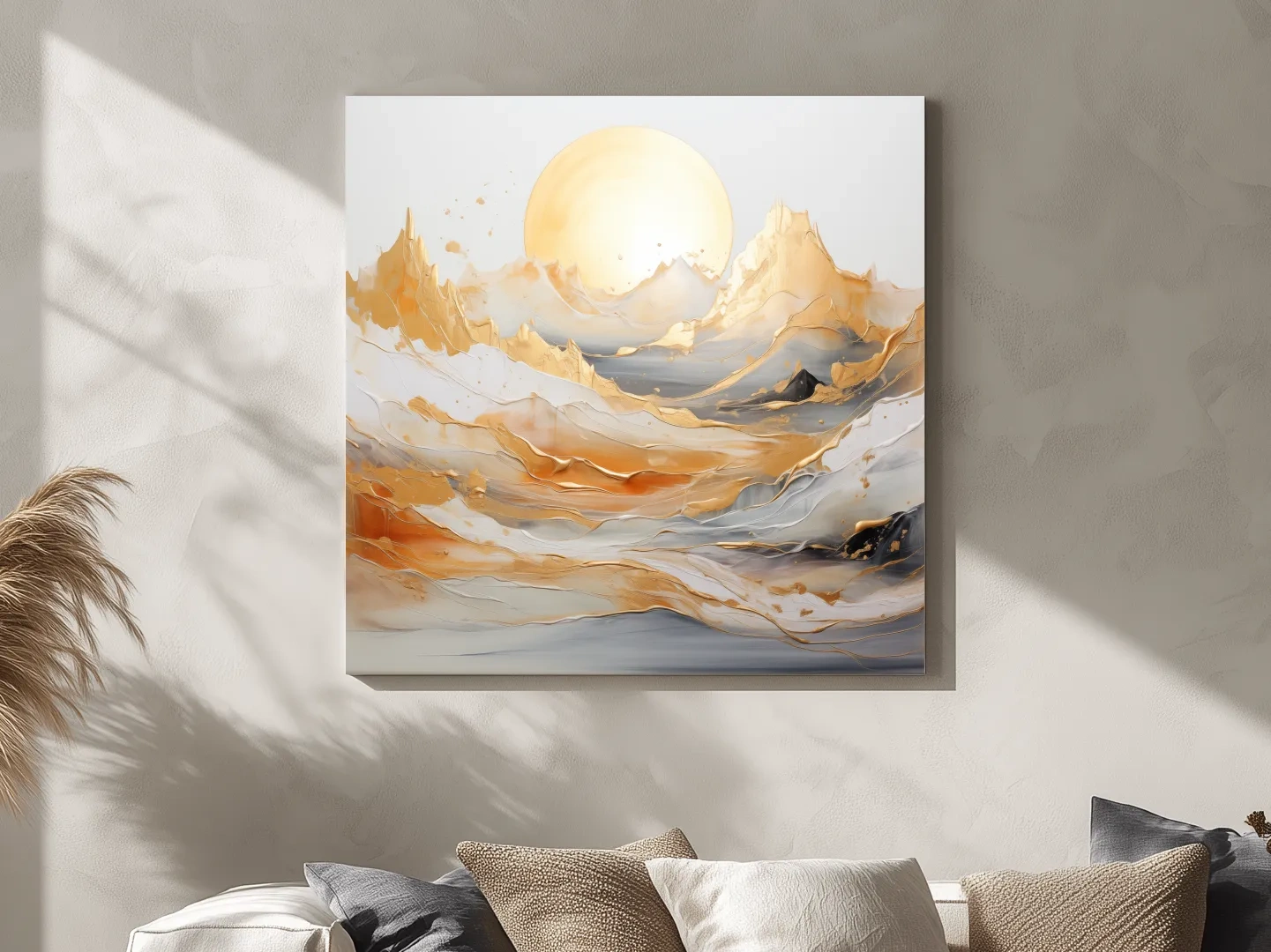 Gold leaf style painting of a mountain landscape
