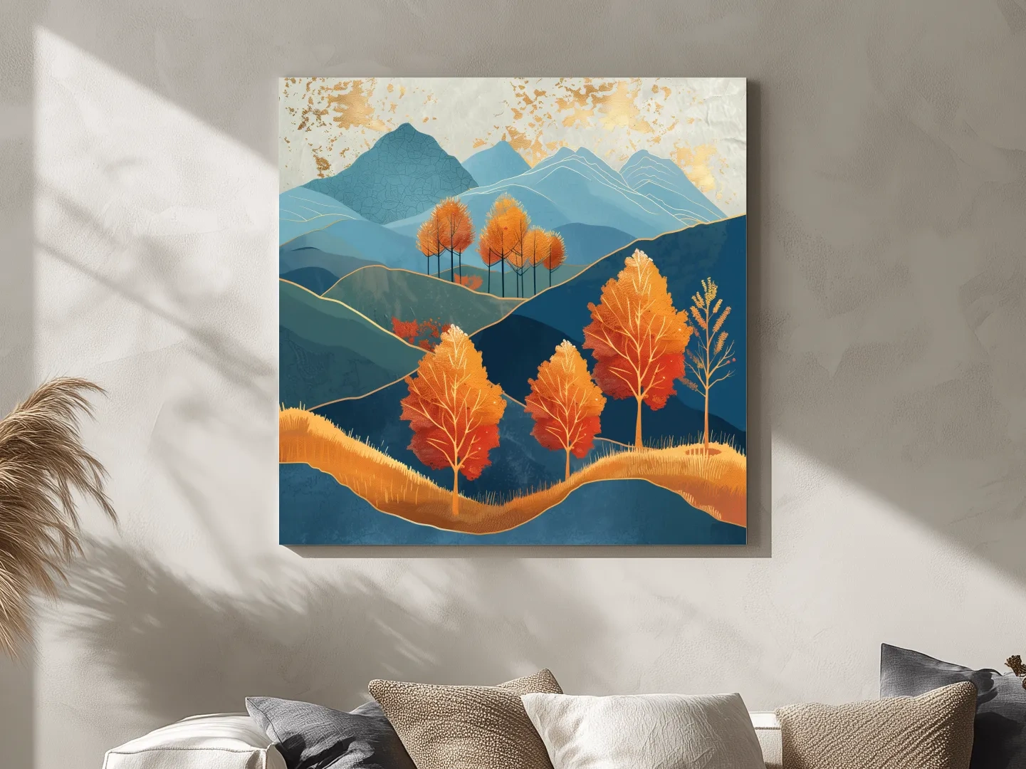 Autumn Aspen Trees In Layered Blue Mountains - Modern Gold Leaf Style Wall Art