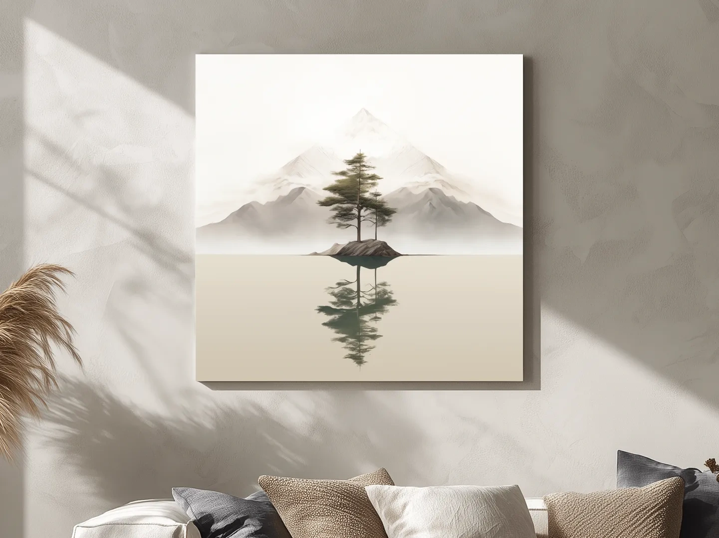 Minimalist Misty Lake Landscape Artwork - Serene Zen Pine Tree Reflection Art