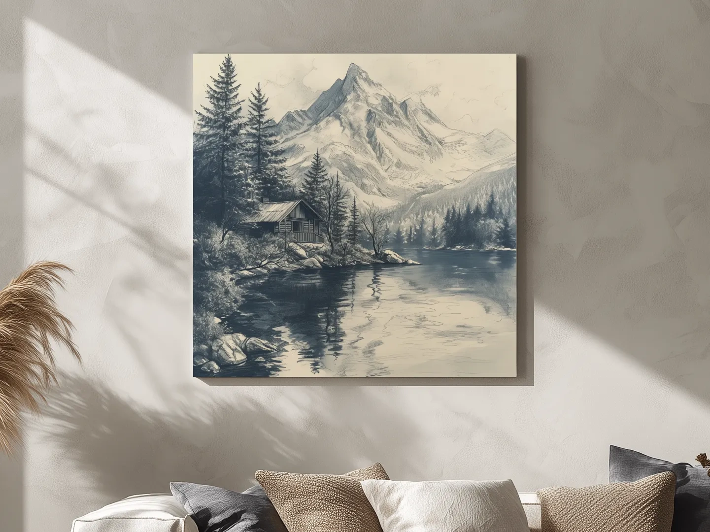 Vintage Alpine Cabin By Mountain Lake - Monochrome Pencil Sketch Landscape Wall Art