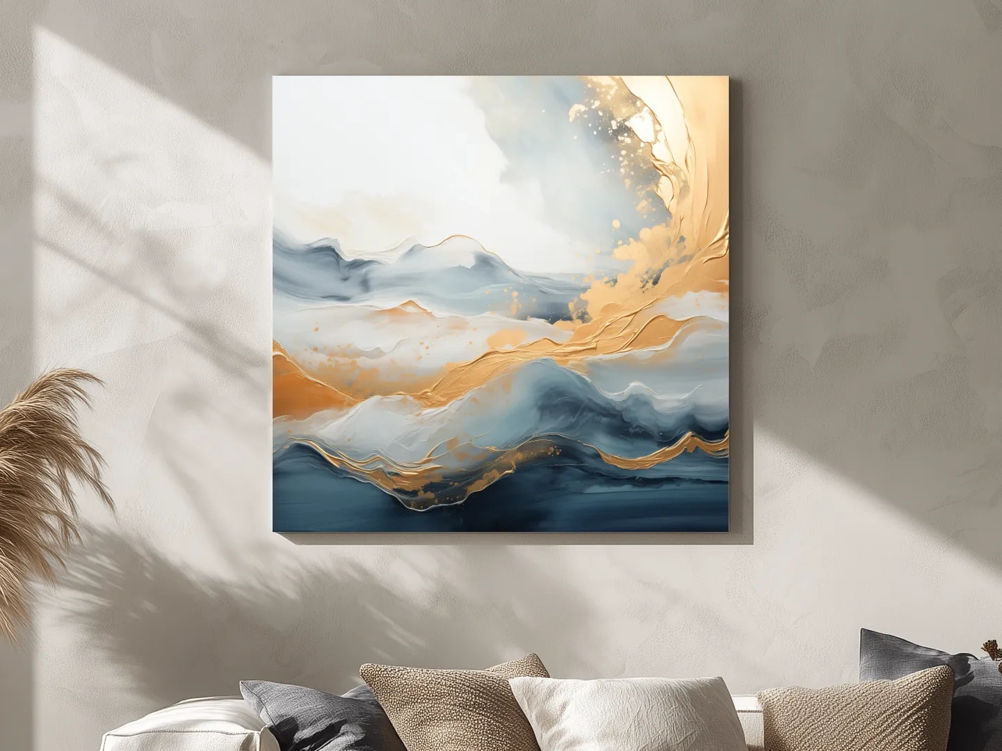 Fluid Abstract Blue And Gold Mountain Landscape - Modern Mixed Media Wall Art