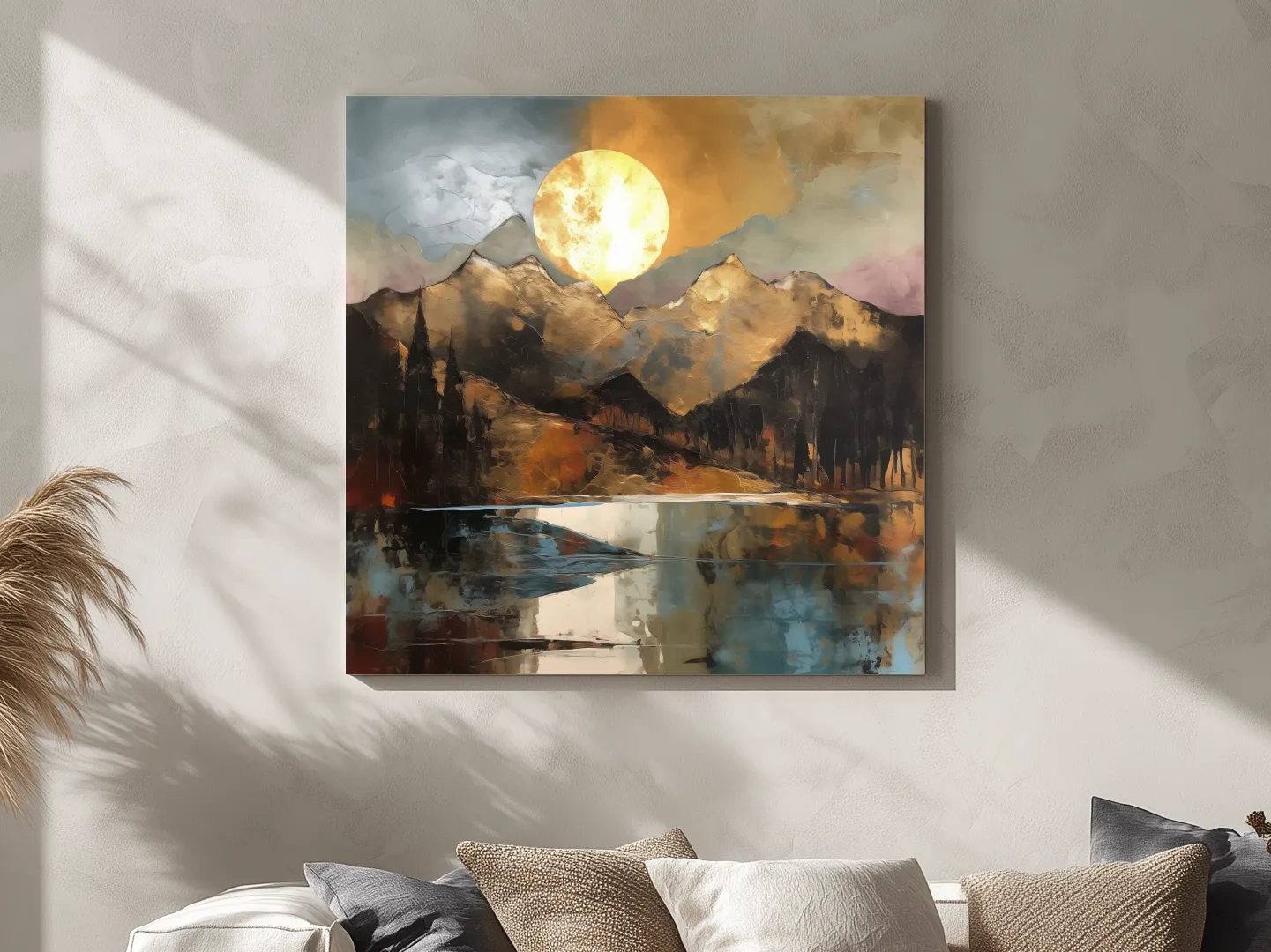 Alpine Mountain Lake Sunset Painting - Golf Leaf Style Wall Art