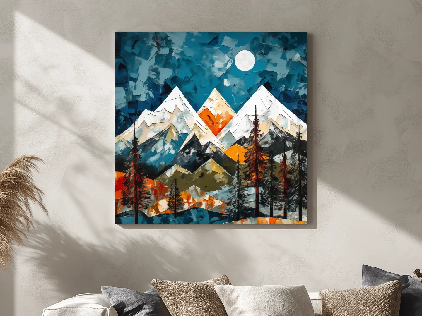 Abstract Impasto Style Mountain Nightscape - Moonlit Alpine Landscape Wall Art