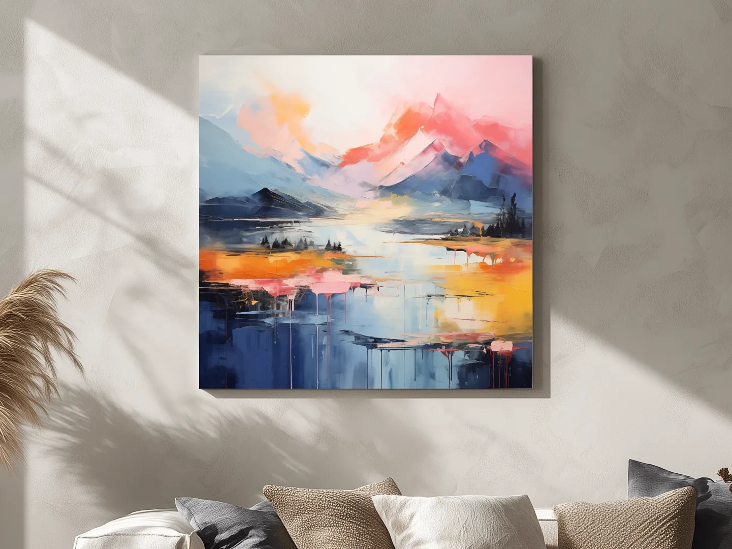 Vibrant Abstract Mountain Lake Sunset Painting - Colorful Modern Landscape Wall Art