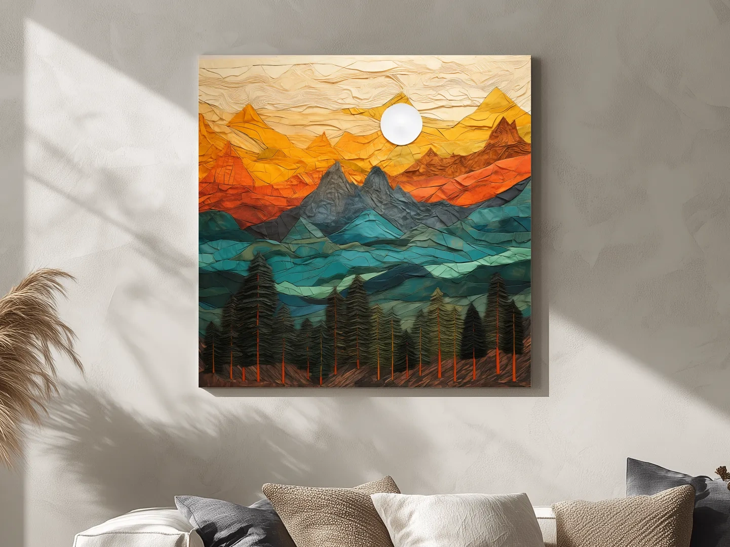 Layered Paper Cut Style Mountain Sunset - Colorful Abstract Forest Landscape Wall Art
