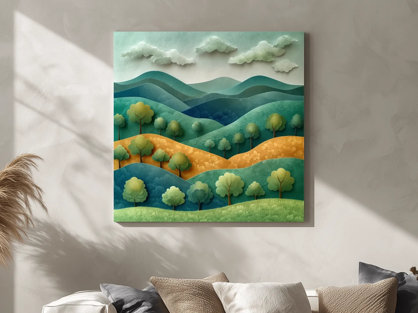 Whimsical Paper Cut Forest Hillscape - Layered 3D Mountains Landscape Wall Art