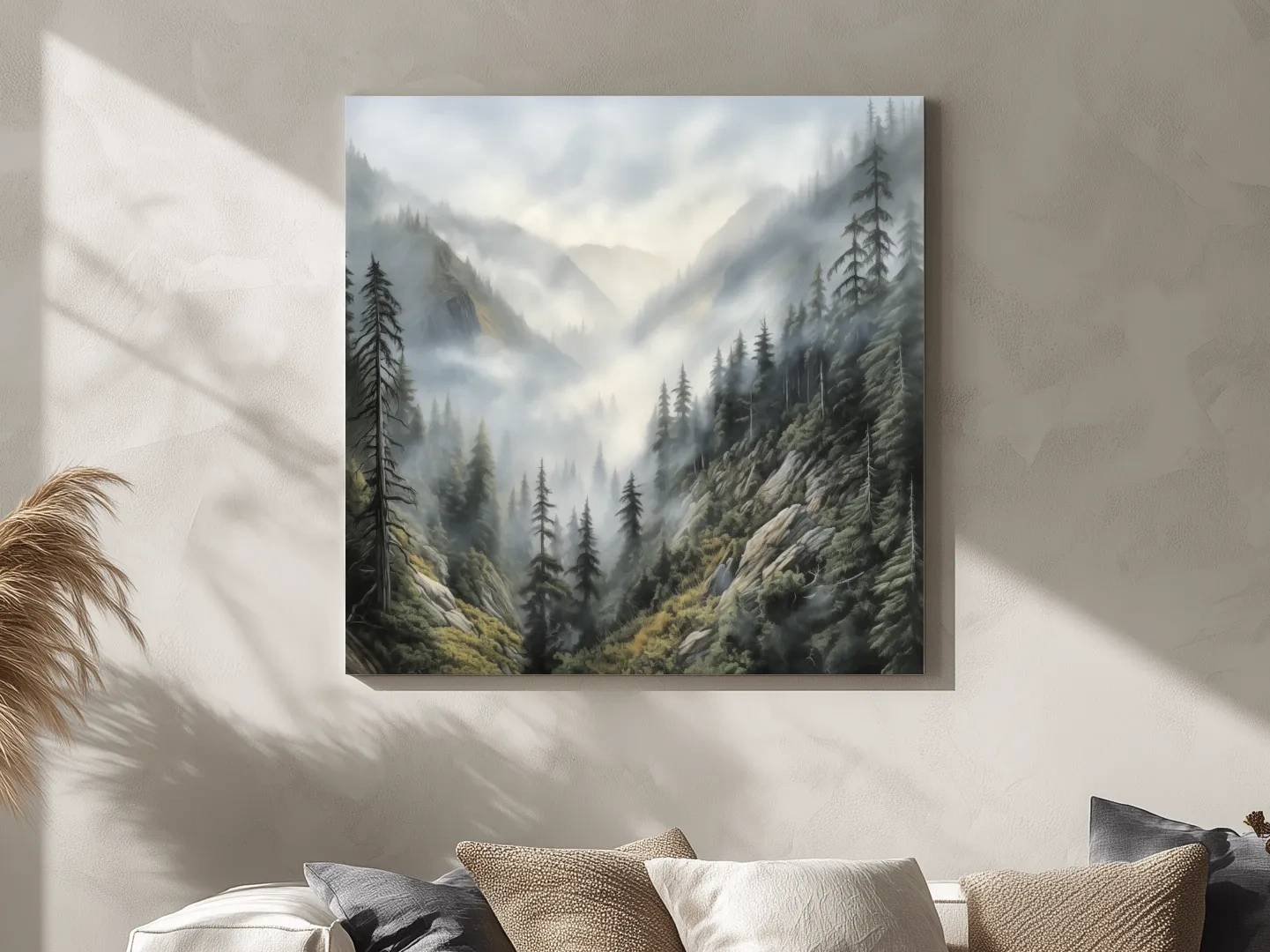 Misty Mountain Valley Pine Forest Painting - Foggy Alpine Landscape Wall Art