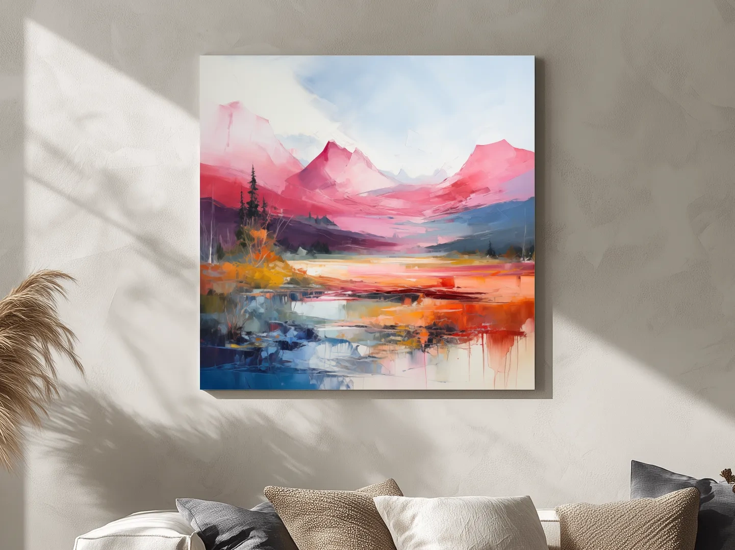 Vibrant Abstract Impressionist Alpine Lake Sunset Painting - Colorful Mountain Wall Art