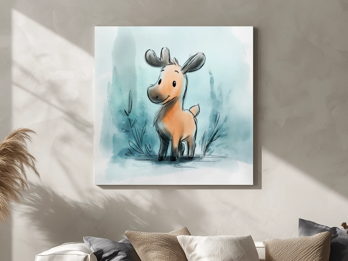 Cute Baby Moose Watercolor Illustration - Whimsical Nursery Wildlife Wall Art