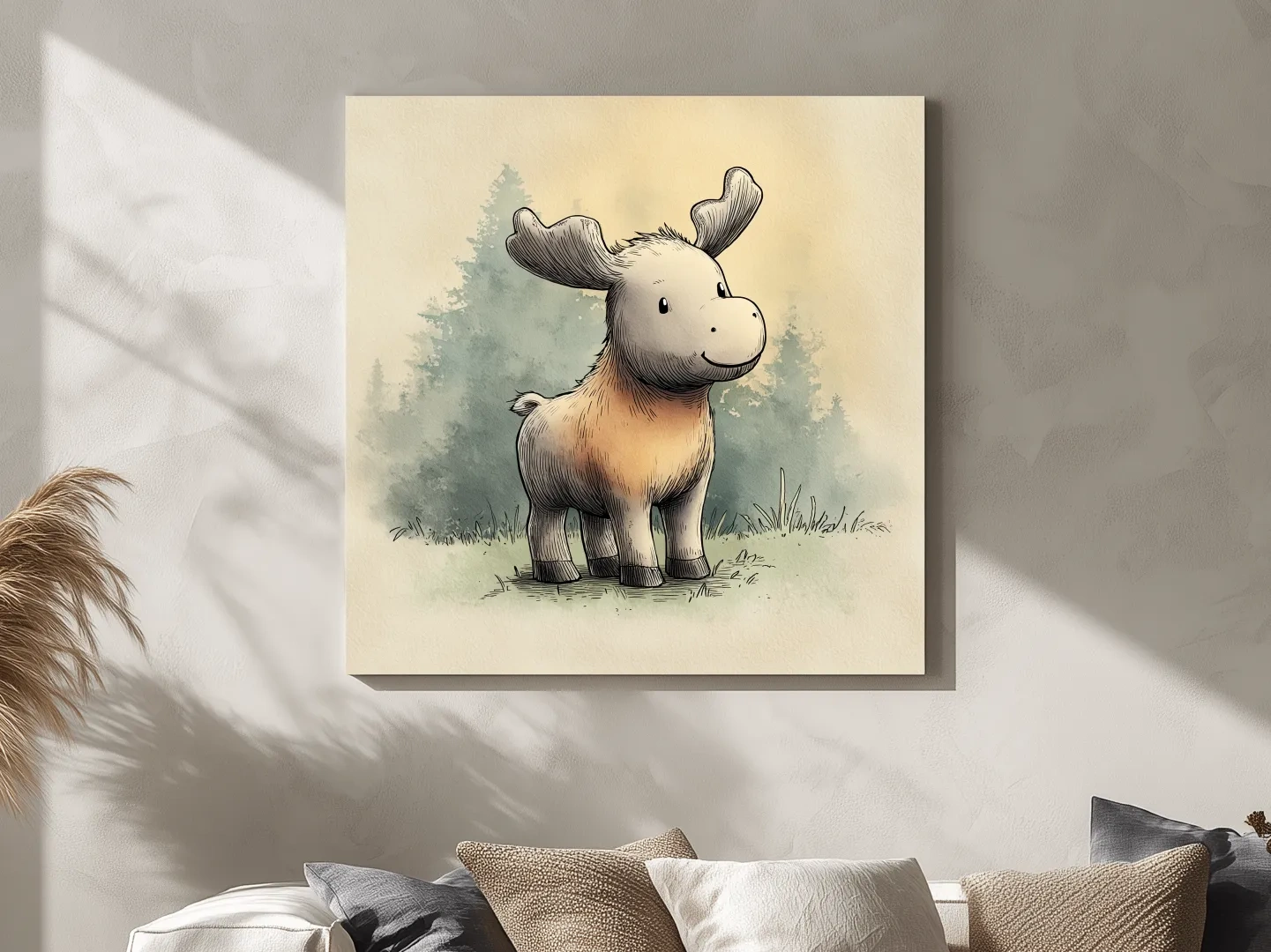Cute Baby Moose Watercolor Illustration - Woodland Nursery Animal Wall Art