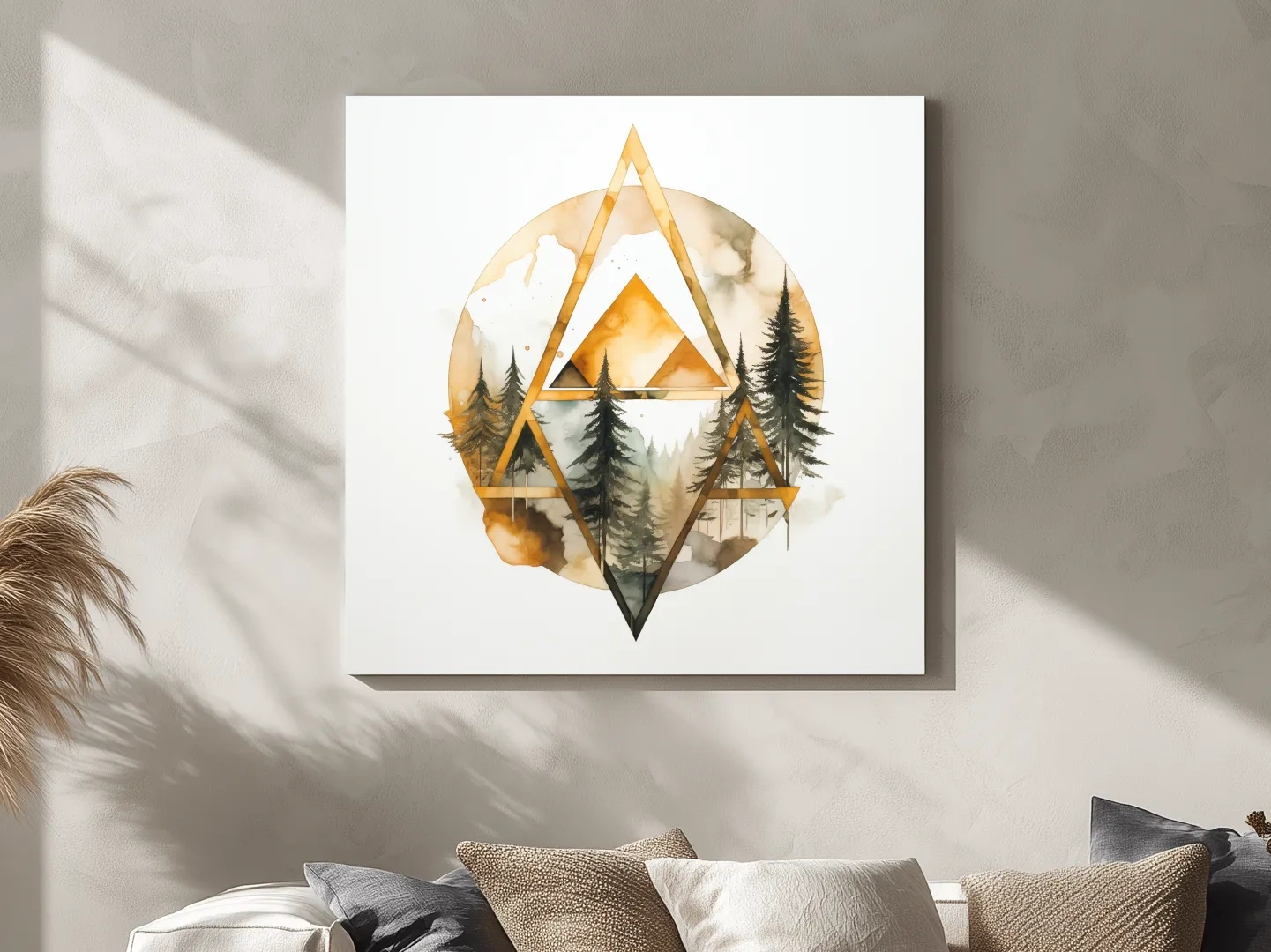 Rustic Elegant Watercolor Mountain Pine Forest - Abstract Golden Geometric Nature Wall Art