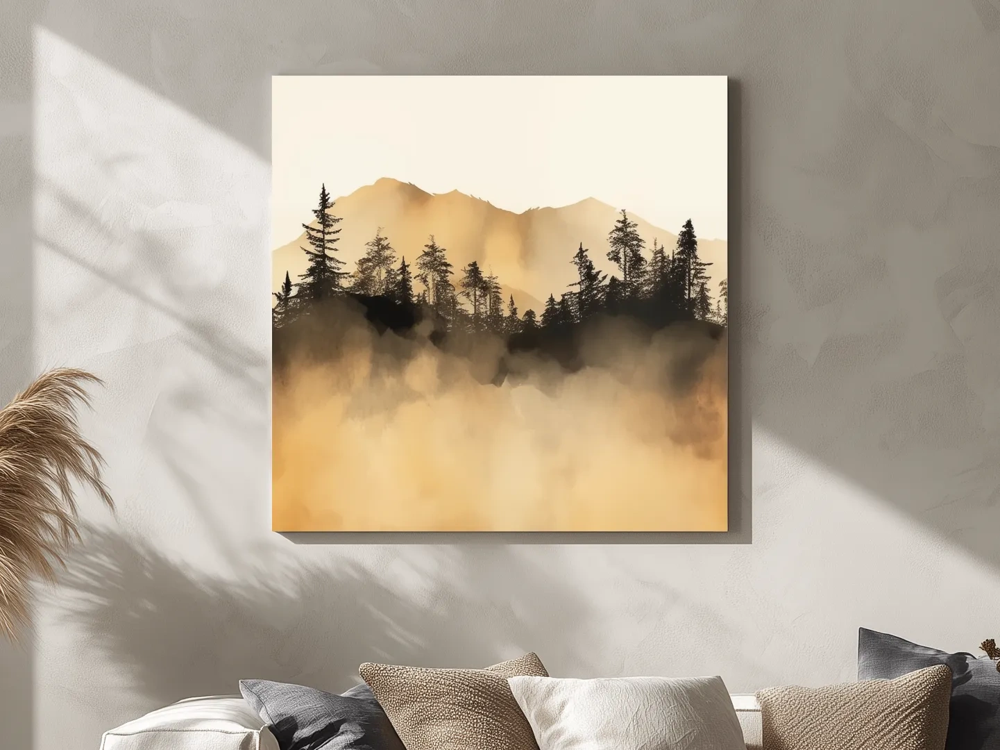 Misty Golden Mountain Pine Forest - Sepia Watercolor Landscape Wall Art