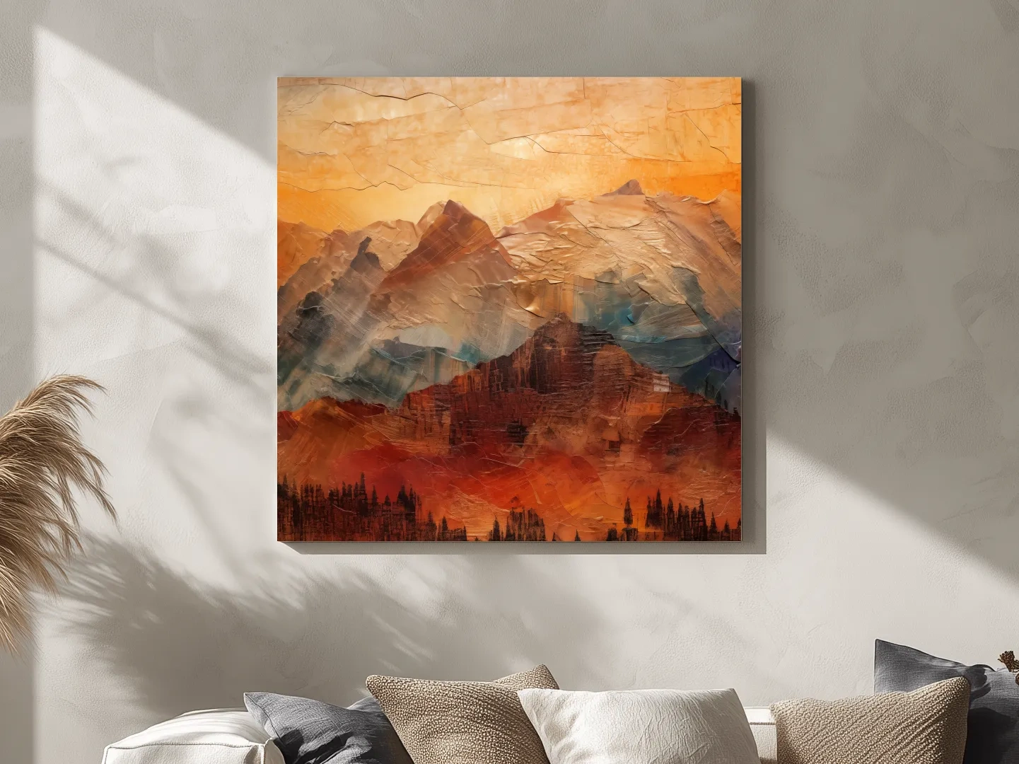 Impasto Style Abstract Mountain Range Sunset - Warm Rustic Landscape Wall Art