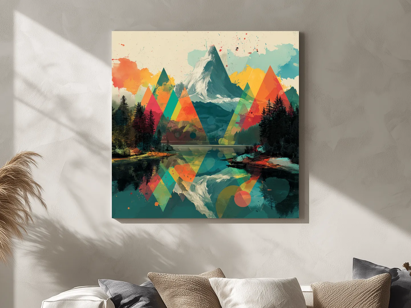 Vibrant Abstract Mountain Lake Collage Art - Colorful Alpine Wall Art
