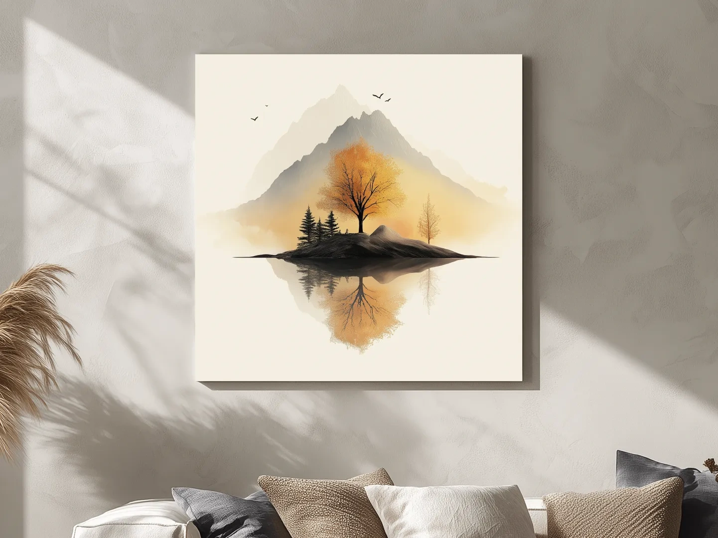 Minimalist Misty Mountain Lake Illustration - Serene Autumn Tree Landscape Wall Art