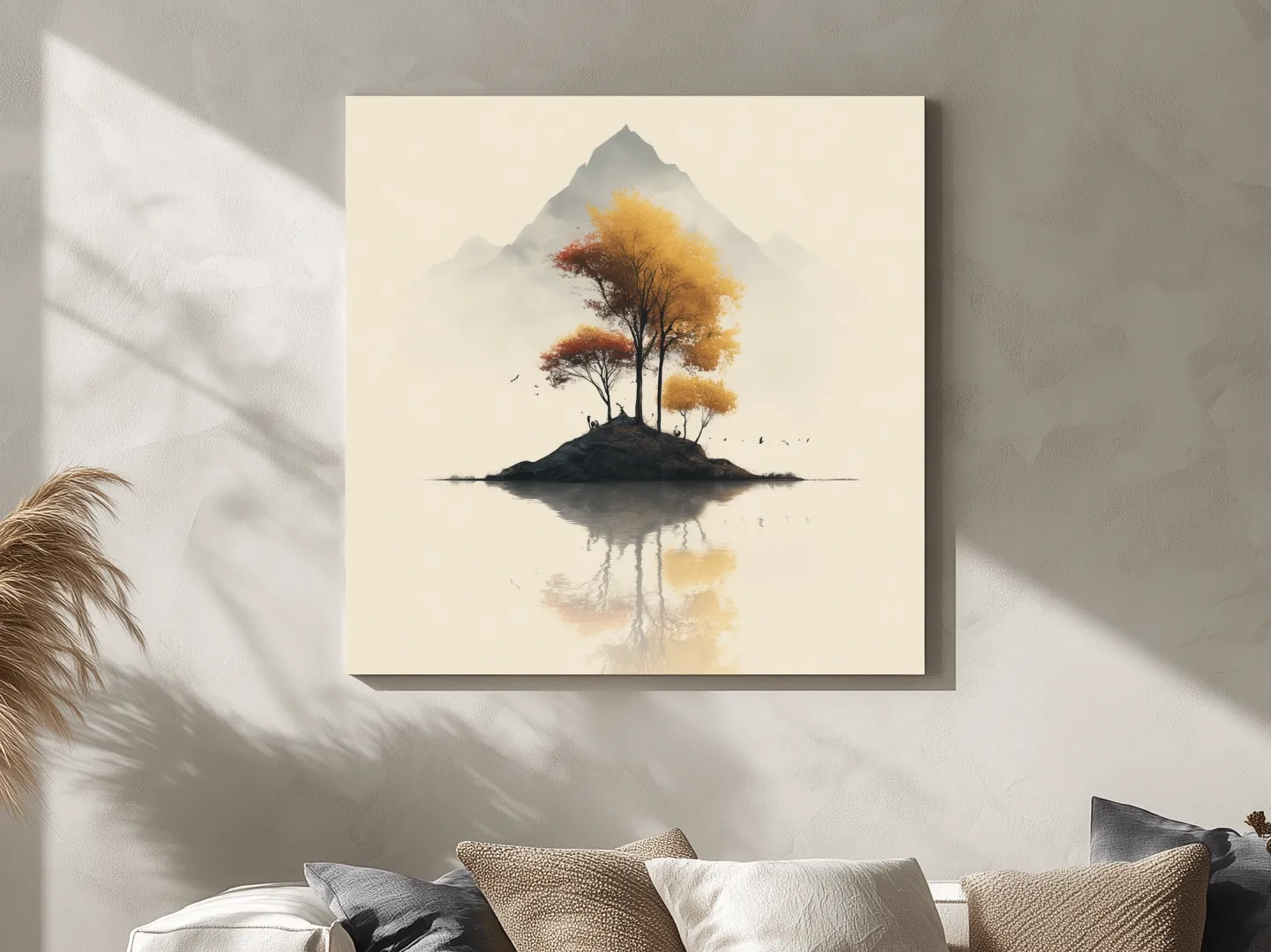 Minimalist Autumn Trees On Misty Lake Island - Serene Mountain Landscape Wall Art