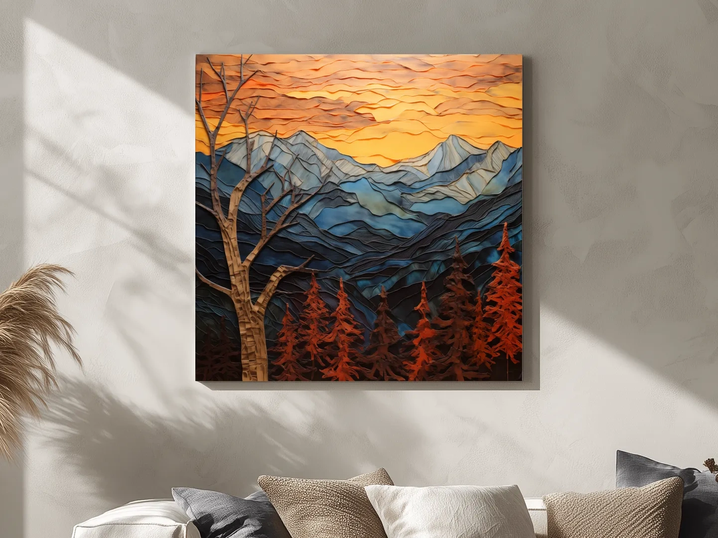 Faux Layered Paper Cut Alpine Mountain Sunset - Mixed Media 3D Landscape Wall Art